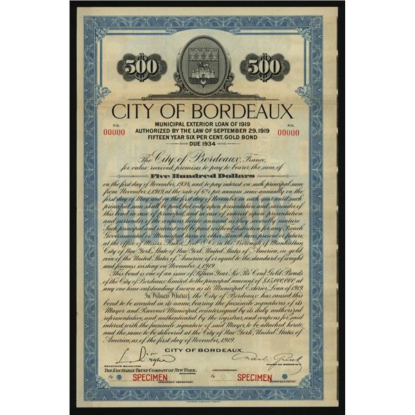 City of Bordeaux, 1919 Specimen Bond.