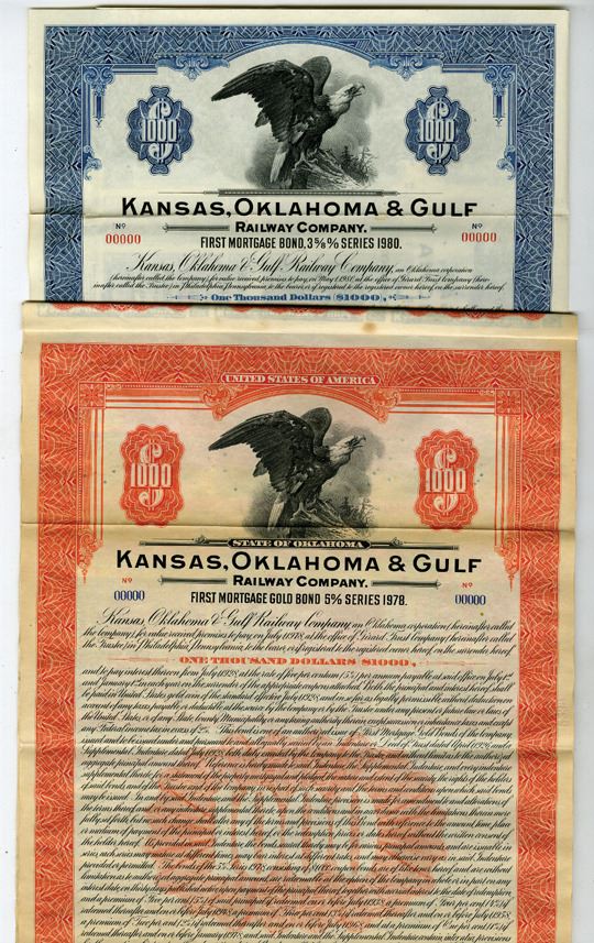 Kansas, Oklahoma & Gulf Railway Co., 192845, Specimen Bond Pair