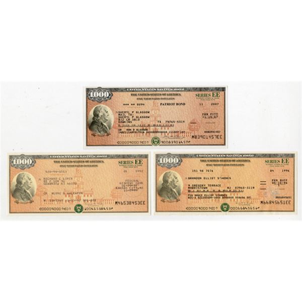 U.S. Savings Bond, Series EE, 1992-2007, Lot of 3 With Different Secretary of the Treasury Signers.