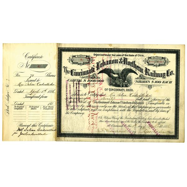 Cincinnati Lebanon & Northern Railway Co. 1886, Low S/N 6,  I/C Stock Certificate