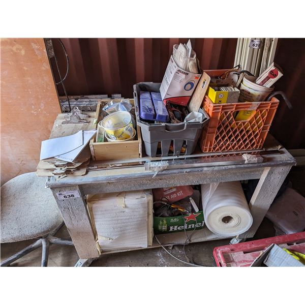 4' X 2' ROLLING WORK TABLE WITH CONTENTS - CLIP BOARDS, SCREWS, MOVING STRAPS, SANDING BITS, DUST