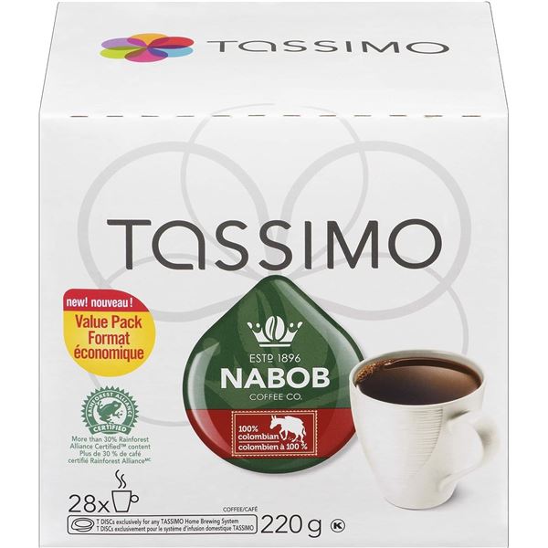 NEW BOX OF 28 NABOB 100% COLUMBIAN TASSIMO COFFEE