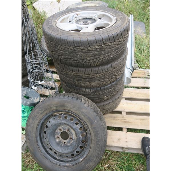 5x 5-bolt rims and tires - 5x115, 4x P205/60R16 Goodyears, 1x 225/60R16 Winguard