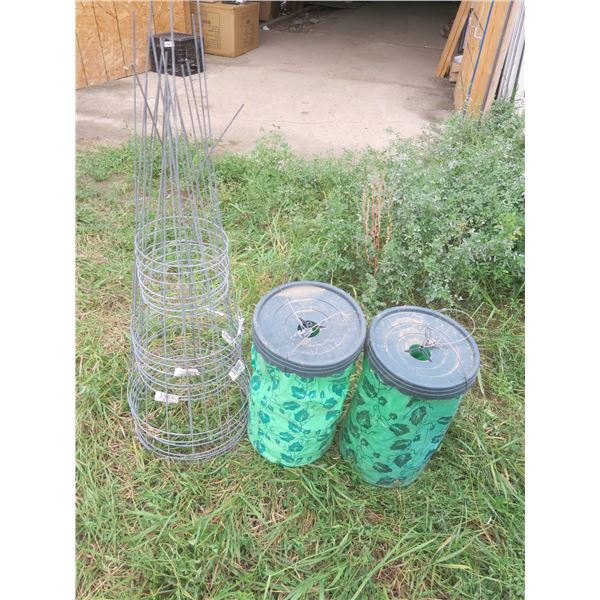 tomato cages and 2 hanging canvas planters