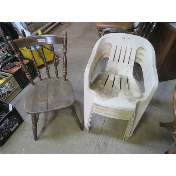 4 plastic chairs and 1 wooden chair (cracked)
