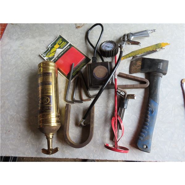 vintage extinquisher , timer , allan wrenches , horseshoe magnets , paint mixer , hatchet  muffler t