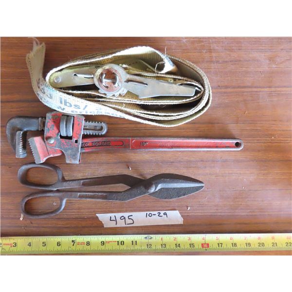 metal snips monkey wrench and ratchet strap