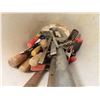 Image 3 : huge pail of bar clamps , vices , welding helmet , wood tools