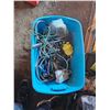 Image 1 : Tote Full Of: Various Tools, Assorted Hardware, Variety of Cable/Cords, Shop Light Assembly