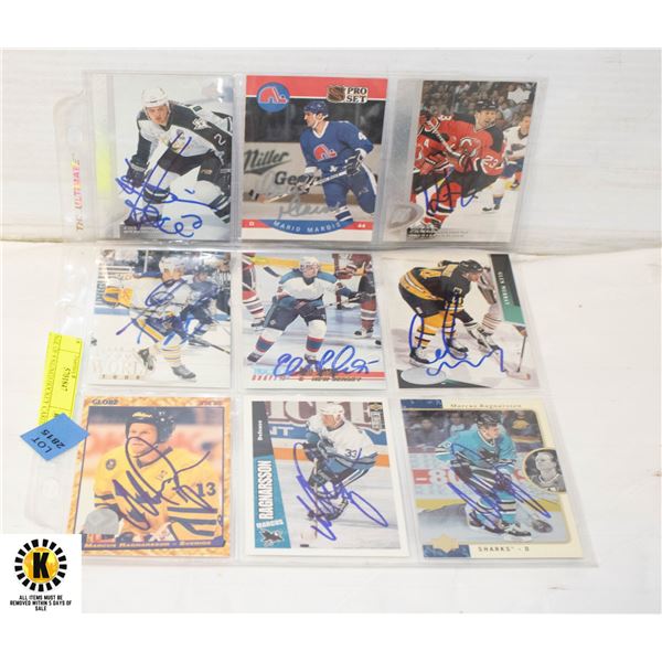 PAGE OF 9 SIGNED HOCKEY CARDS- UNAUTHENTICATED