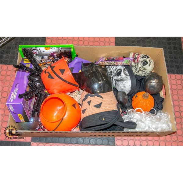 LARGE BOX OF HALLOWEEN DECOR, COSTUMES,