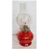 Image 1 : RED GLASS COAL OIL LAMP WITH FANCY CHIMNEY