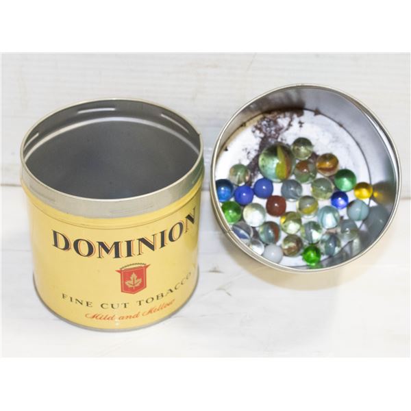 TWO TOBACCO TINS WITH VINTAGE MARBLES