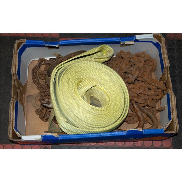 LARGE FLAT WITH TOW CHAINS AND SLING ETC