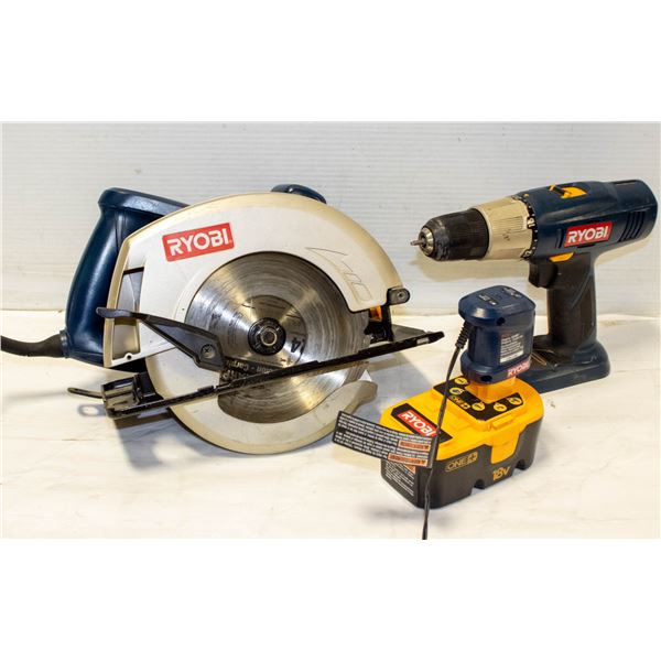 RYOBI 18V CORDLESS SKILL SAW & RYOBI DRILL WITH