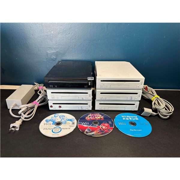Lot of 6 Assorted Wii Consoles - 1 Power Cord 1 AV Cable 3 Games