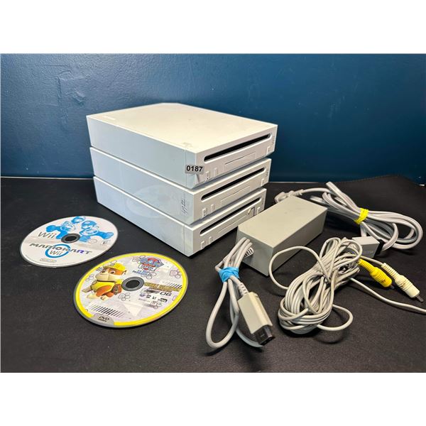 Lot of 3 Assorted Wii Consoles - 1 Power Cord 1 AV Cable 2 Games