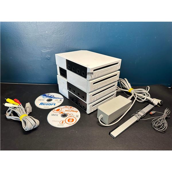 Lot of 4 Assorted Wii Consoles - 1 Sensor Cable 1 AV Cable 1 Power Cable 2 Games