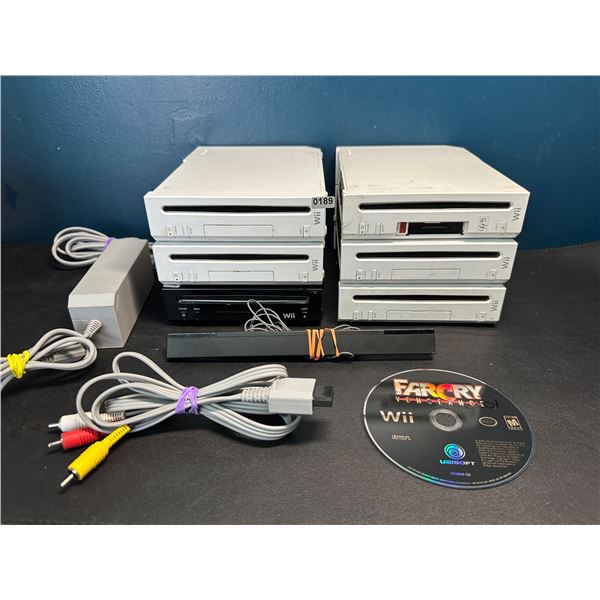 Lot of 6 Assorted Wii Consoles - 1 Power Cord 1 AV Cable 1 Sensor Bar 1 Game