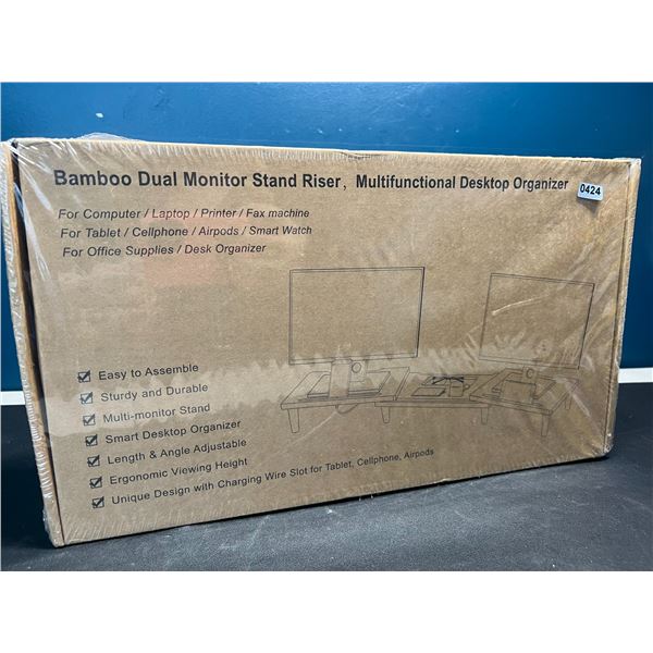 Lot of 1 Bamboo Dual Monitor Stand Riser - Multifunctional Desktop Organizer