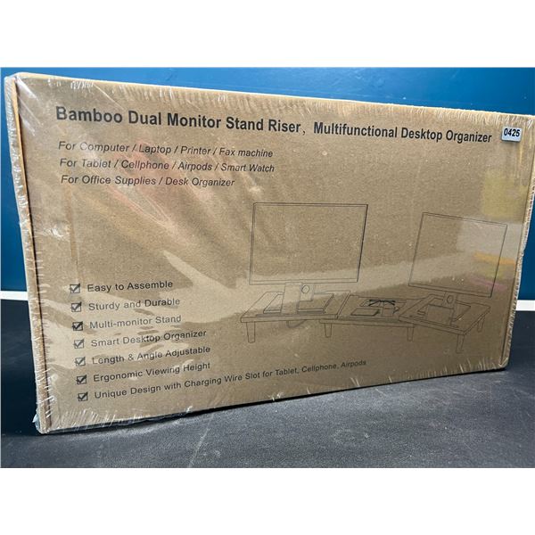 Lot of 1 Bamboo Dual Monitor Stand Riser - Multifunctional Desktop Organizer