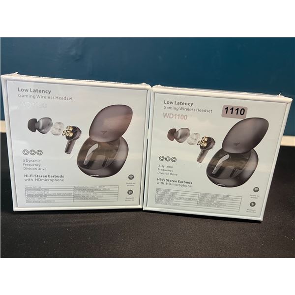 Lot of 2 WD1100 Low Latency Gaming Wireless Headsets/Hi-Fi Stereo Earbuds