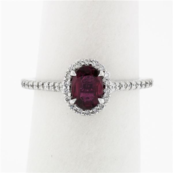 NEW Petite 14k White Gold 1.40 ctw Oval Red Ruby & Diamond Halo Engagement Ring