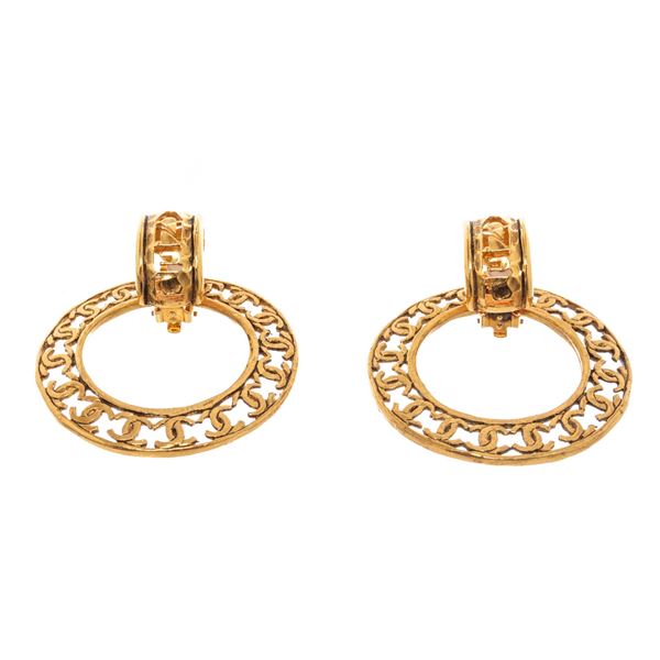 Chanel Gold Gilt Metal Large Round CC Earrings