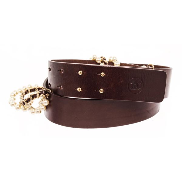 Chanel Dark Brown Gold Leather Pearl Belt