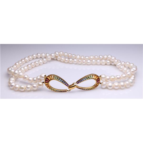 Double Strand Pearl Necklace With 14K Yellow Gold & Graduated Tourmaline Clasp