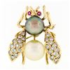 Image 1 : Vintage 14k Gold 1.44 ctw Diamond Ruby Eye w/ Golden Gray Pearl Bee Fly Brooch P