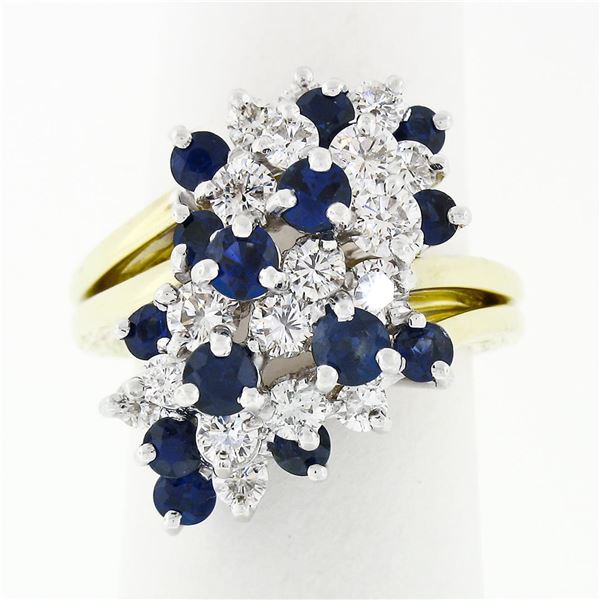 Vintage 18K Gold 2.20 ctw Royal Blue Sapphire Diamond Tiered Cocktail Cluster Ri