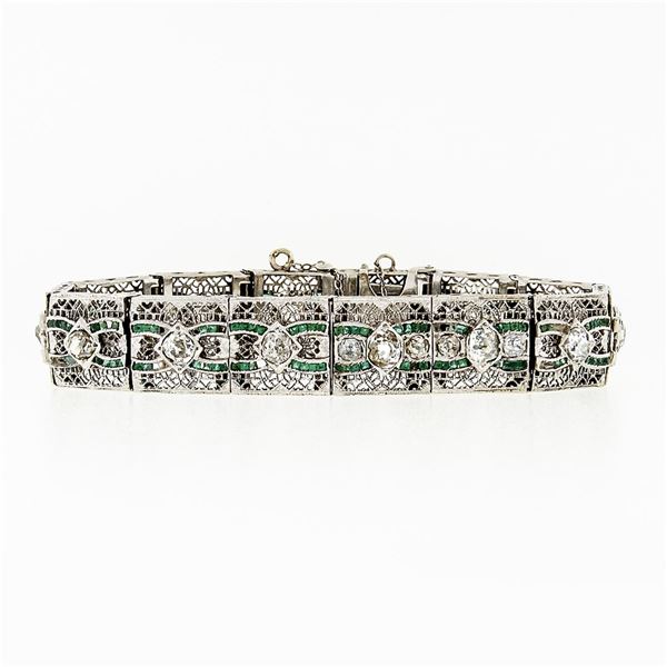 Antique Art Deco 14k White Gold 3.60 ctw Diamond & Emerald Filigree Line Bracele