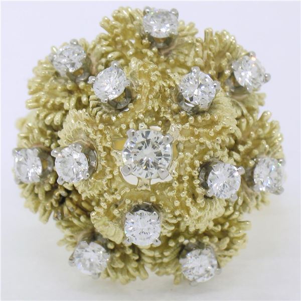 QUALITY Vintage 18K Gold 1.30 ctw Diamond Tiered Textured Cluster Cocktail Ring