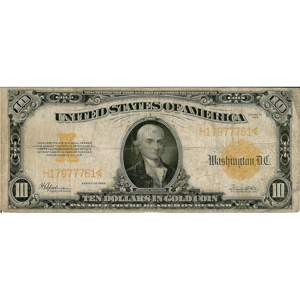 1922 $10 Gold Certificate Bank Note