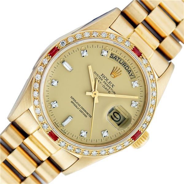 Rolex Mens 18K Yellow Gold Day Date President Champagne Diamond & Ruby Watch