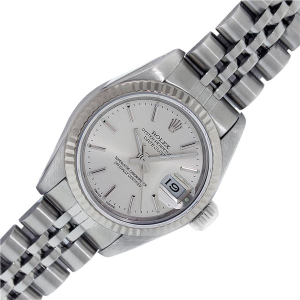 Rolex Ladies Stainless Steel Quickset Factory Silver Index Datejust With Rolex B