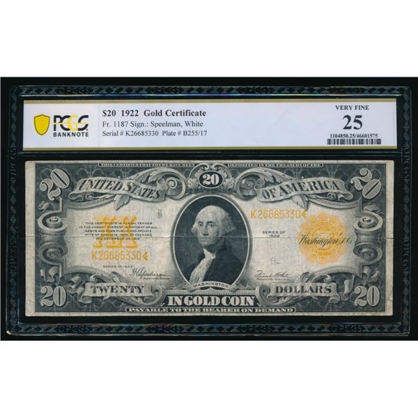 1922 $20 Gold Certificate PCGS 25