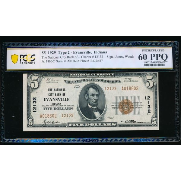 1929 $5 Evansville IN National PCGS 60PPQ