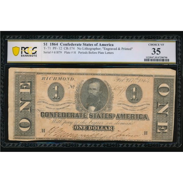 1864 $1  T-71 Confederate PCGS 35
