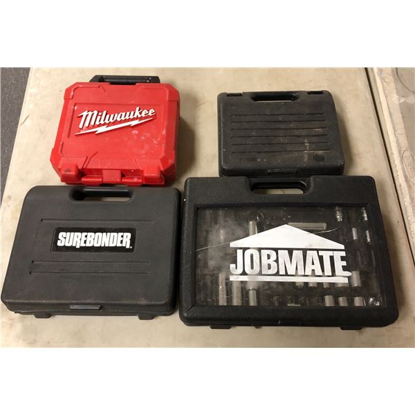 Group of 3 assorted empty tool cases & JobMate socket set - includes Milwaukee case / Surebonder cas