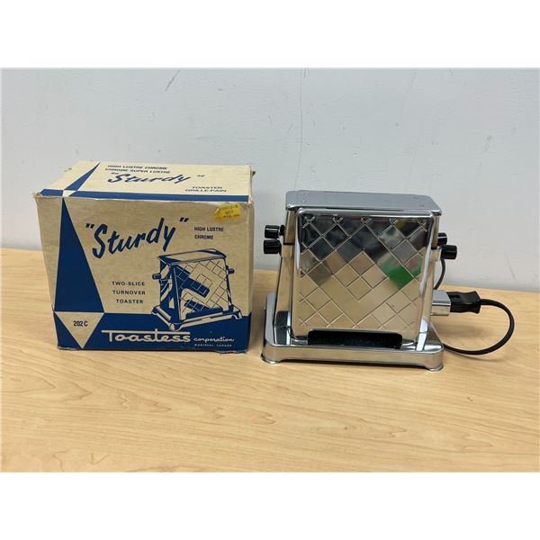 Vintage Toastess Chrome Two Slice Turnover Toaster Model 202C with Box