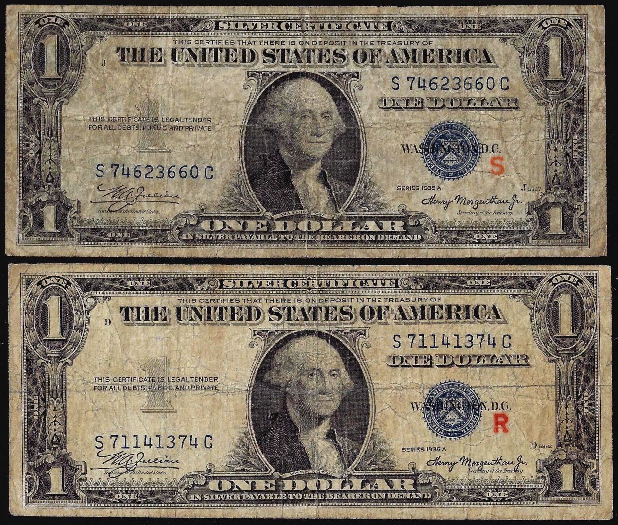 Pair of 1935A $1 Experimental quot R quot quot S quot Silver Certificate Notes Pair of 1935A $1 Experimental quot R quot quot S quot Silver Certificate Notes