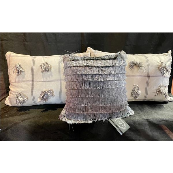 Grey tasseled cushions & 2 grey bobble cusions / zippered pillow cases / 13.5 / 13.5"