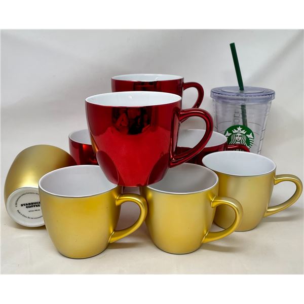 Starbucks Mugs 4 Red and 4 gold, with cup
