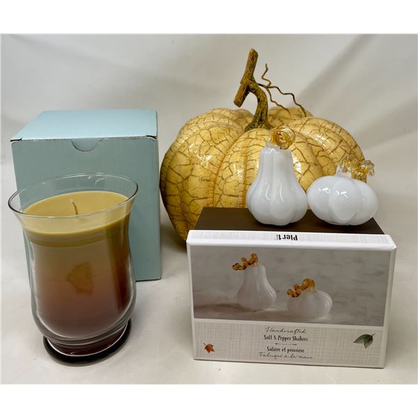 Pumpkin decoration, Pier One Salt & Pepper Shaker, Party Lite Candle