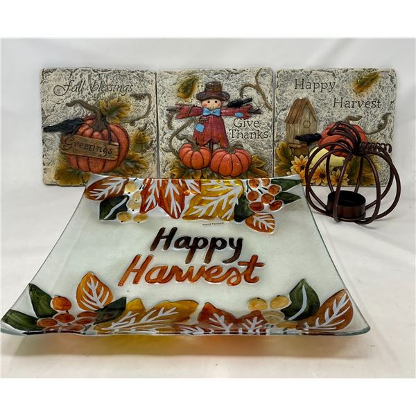 Cement Autumn Decor x3, Handpainted Happy Harvest Platter