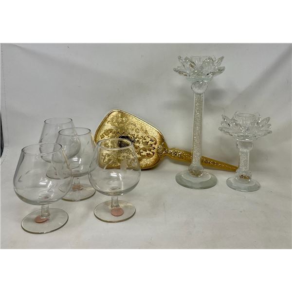 Princess House Exclusive Hand Cut Glasses, Hand held Mirror, 2 Candle Holders