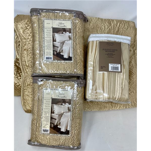 Queen Gold Bed Coverlet, 2 pillow shams, pleated satin bed skirt