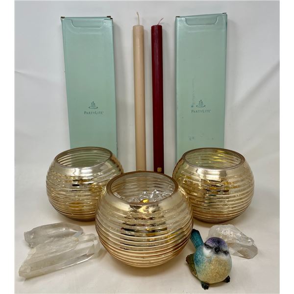 Party lite Candlesticks x2, 3 Gold Bowls, 3 healing crystals, 1 bird ceramic